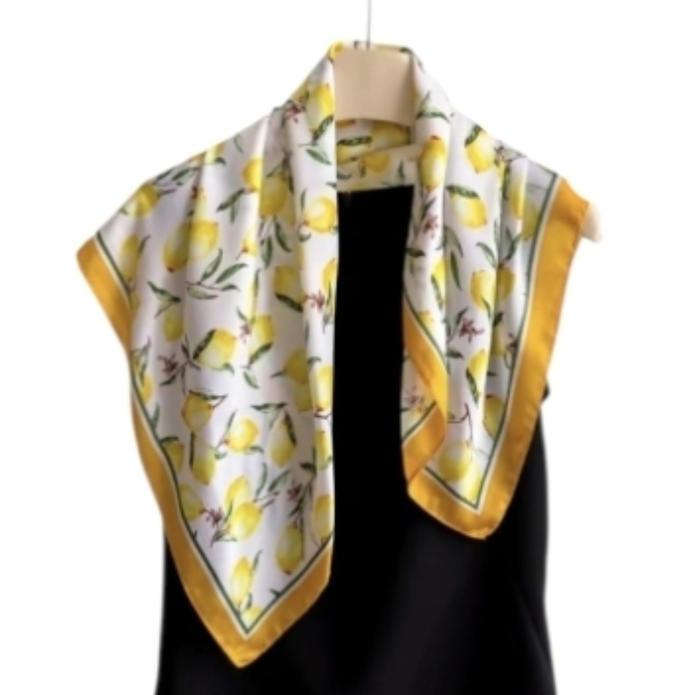 New! Lemon Silk Like Square Scarf Bandana 21" Yellow & White Fruit Pattern NWOT